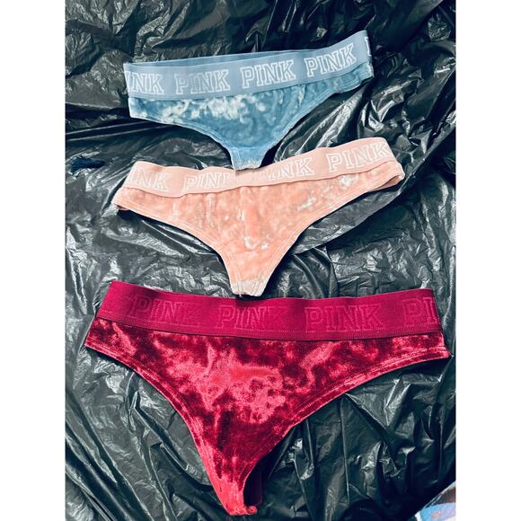3 BRAND NEW CRUSHED VELVET PINK VICTORIA'S SECRET THONGS S - Picture 1 of 6